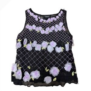 Karen Kane Y2K vtg Black Silk Beaded‎ 3D Floral Applique whimsigoth Fairy top m